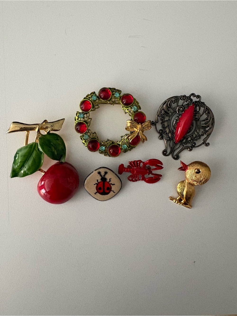 Vintage Mixed Fruit and Animal Brooch Lot - Red and Gold Accents